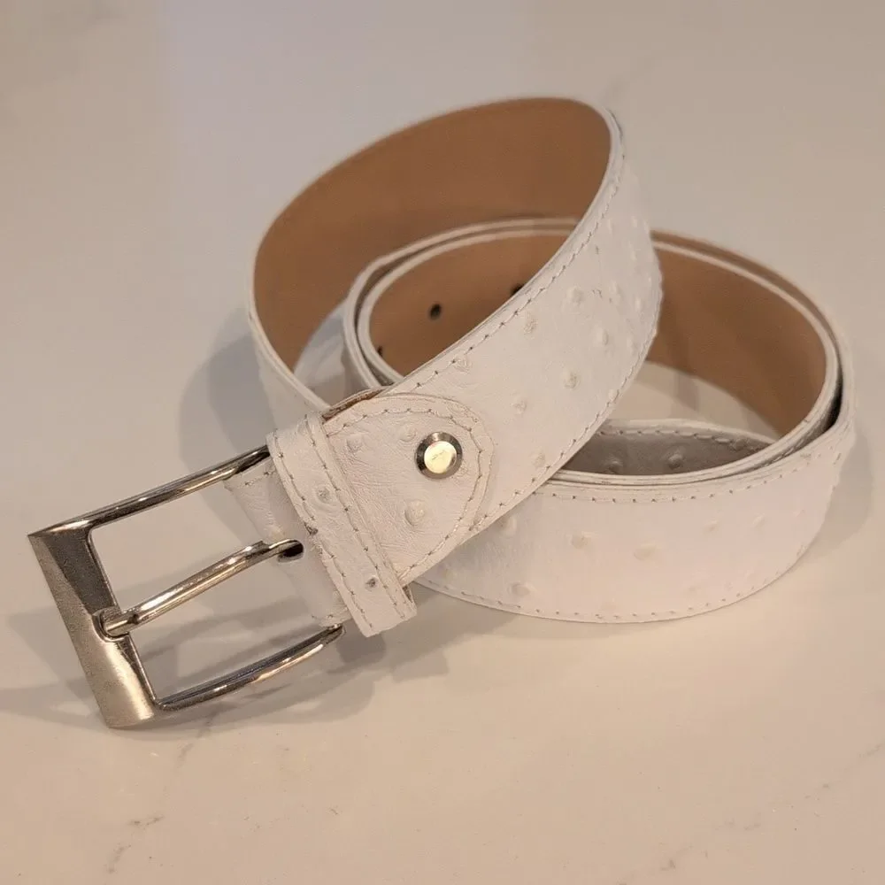 Cintura In Pelle White Ostrich Embossed Leather Belt Silver Buckle Made in Italy